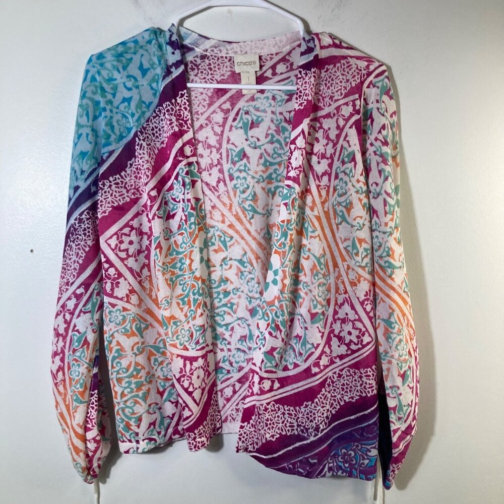 Womens‎ Chicos Lightweight Open Cardigan Ruched Sleeves Medallion Floral M
